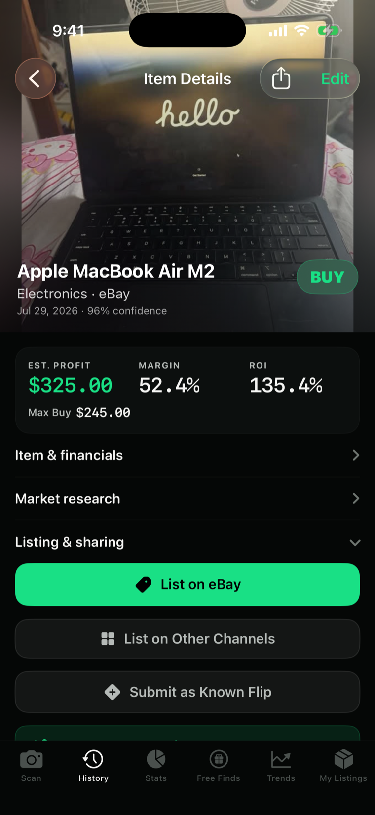 Item details — saved listing with profit, margin, ROI, and list-on-eBay actions