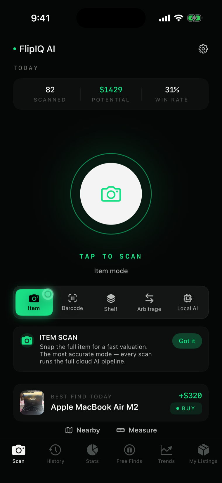 FlipIQ scan screen — tap to scan with today's totals and best find