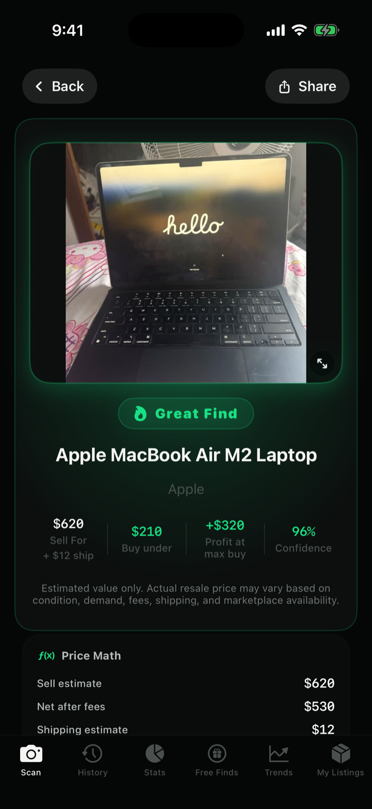 FlipIQ scan result — Great Find verdict on an Apple MacBook Air M2 with sell price, buy-under ceiling, profit, and confidence